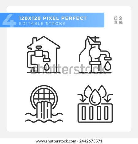 Water infrastructure linear icons set. Manual well pump. Home water system. Storm drain. Customizable thin line symbols. Isolated vector outline illustrations. Editable stroke. Pixel perfect