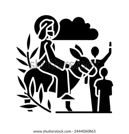 Triumphal entry into Jerusalem black glyph icon. Palm Sunday. Start of holy week. Jesus Christ riding donkey. Silhouette symbol on white space. Solid pictogram. Vector isolated illustration