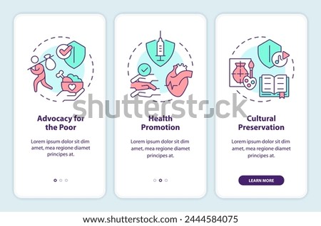 Roles of NGOs onboarding mobile app screen. Human rights walkthrough 3 steps editable graphic instructions with linear concepts. UI, UX, GUI template