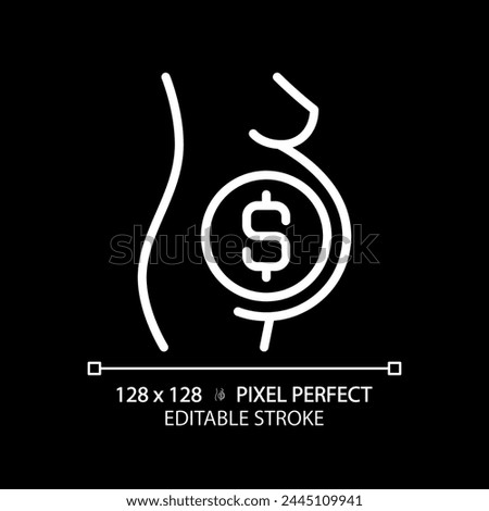 Surrogate pregnant woman white linear icon for dark theme. Gestational carrier, childbearing. Paid pregnancy, womb for rent. Thin line illustration. Isolated symbol for night mode. Editable stroke