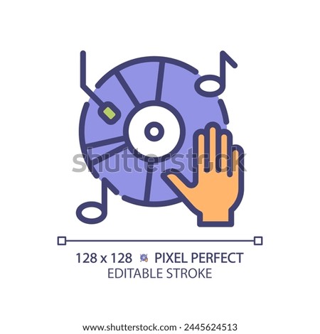 Vinyl music record pixel perfect RGB color icon. Old school sound system. Vintage audio equipment. Disco entertainment. Isolated vector illustration. Simple filled line drawing. Editable stroke