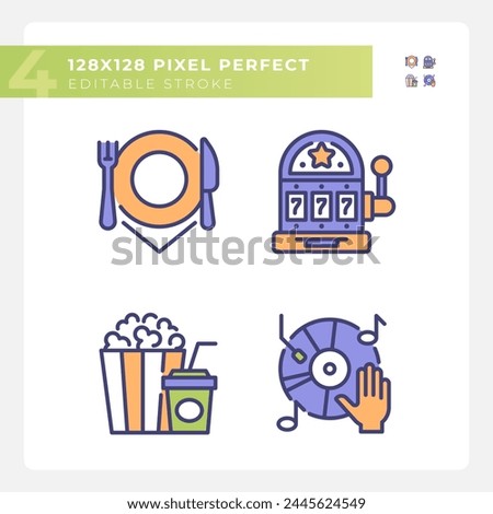 Leisure activities pixel perfect RGB color icons set. Casino slot machine. Music player, food snacks. Isolated vector illustrations. Simple filled line drawings collection. Editable stroke