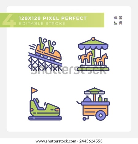 Riding amusement pixel perfect RGB color icons set. Fairground attraction, vacation. Roundabout carousel. Isolated vector illustrations. Simple filled line drawings collection. Editable stroke