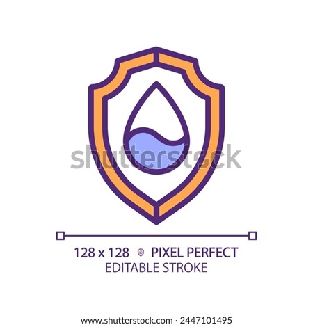 Water security RGB color icon. Access to drinking water. Social issue. Water droplet and shield. Isolated vector illustration. Simple filled line drawing. Editable stroke. Pixel perfect