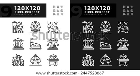 Amusement park attractions pixel perfect linear icons set for dark, light mode. Fairground activities. Family vacation. Thin line symbols for night, day theme. Isolated illustrations. Editable stroke