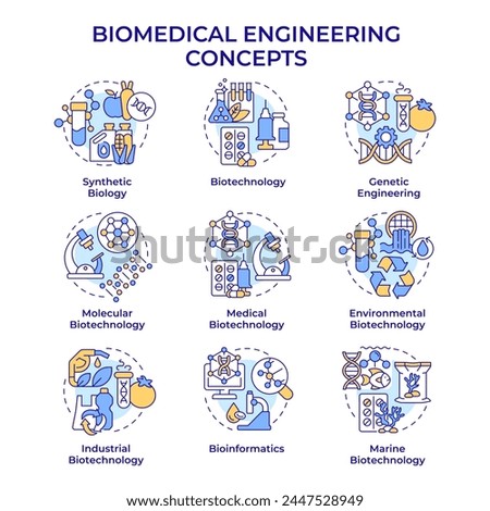 Biomedical engineering multi color concept icons. Biotech fields. Academic disciplines. Icon pack. Vector images. Round shape illustrations. Abstract idea. Easy to use in presentation