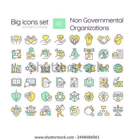 Non governmental organization RGB color icons set. Human rights. Nonprofits. Community service. Isolated vector illustrations. Simple filled line drawings collection. Editable stroke