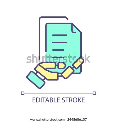 Ai document processing RGB color icon. Text processing assistance. Data extraction automation. Information analyzing. Isolated vector illustration. Simple filled line drawing. Editable stroke