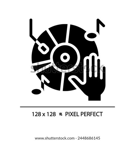 Vinyl music record pixel perfect black glyph icon. Old school sound system. Vintage audio. Disco entertainment. Silhouette symbol on white space. Solid pictogram. Vector isolated illustration