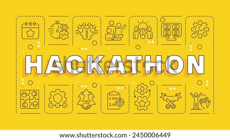 Hackathon yellow word concept. Tech event organization. Teamwork and collaboration. Horizontal vector image. Headline text surrounded by editable outline icons. Hubot Sans font used