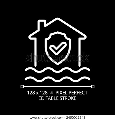 Flood protection white linear icon for dark theme. House with checkmark above water. Water damage prevention. Thin line illustration. Isolated symbol for night mode. Editable stroke. Pixel perfect