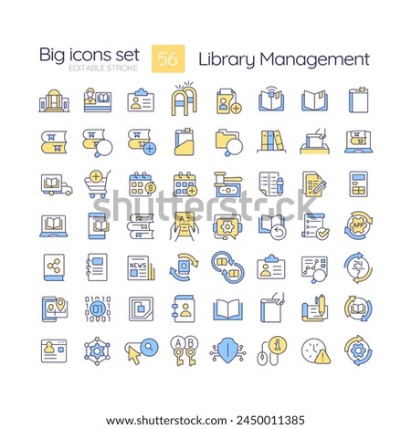 Library management RGB color icons set. RFID technology, books managing. Customer personalized service. Isolated vector illustrations. Simple filled line drawings collection. Editable stroke
