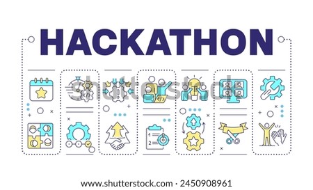 Hackathon word concept isolated on white. Tech event organization. Teamwork and collaboration. Creative illustration banner surrounded by editable line colorful icons. Hubot Sans font used