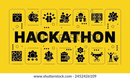 Hackathon black and yellow word concept. Tech event organization. Teamwork and collaboration. Visual communication. Vector art with lettering text, editable glyph icons. Hubot Sans font used