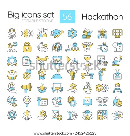 Hackathon RGB color icons set. Event for developers and programmrs. Tech solutions. Team competition. Isolated vector illustrations. Simple filled line drawings collection. Editable stroke