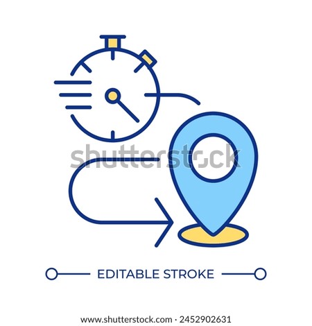 Short trip RGB color icon. Quick travel planning. Microcation. Location pin and route. Time-saving holiday. Isolated vector illustration. Simple filled line drawing. Editable stroke