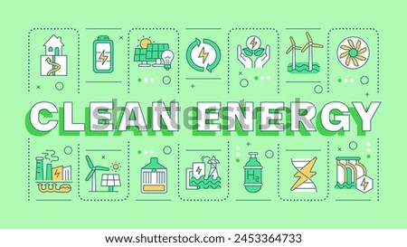 Clean energy green word concept. Energy windmill, green technology. Nature preservation. Typography banner. Vector illustration with title text, editable icons color. Hubot Sans font used