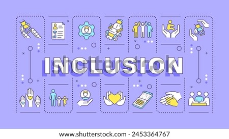 Inclusion purple word concept. Diversity business disability. Social justice, accessibility. Typography banner. Vector illustration with title text, editable icons color. Hubot Sans font used