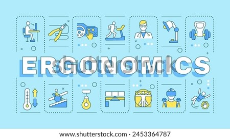 Ergonomics blue word concept. Product safety, comfort. Employee wellness, correct posture. Typography banner. Vector illustration with title text, editable icons color. Hubot Sans font used