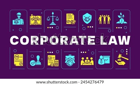 Corporate law turquoise word concept. Litigation support, lawyer. Business contract signing. Visual communication. Vector art with lettering text, editable glyph icons. Hubot Sans font used