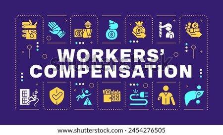 Workers compensation yellow word concept. Business insurance, compensation. Employees safeguard. Visual communication. Vector art with lettering text, editable glyph icons. Hubot Sans font used