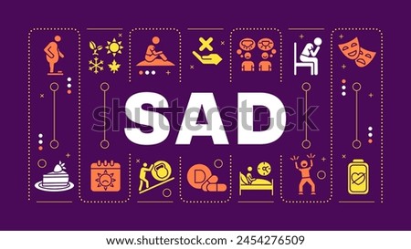 SAD red word concept. Affective disorder, low mood. Interest loss, concentrating issues. Visual communication. Vector art with lettering text, editable glyph icons. Hubot Sans font used