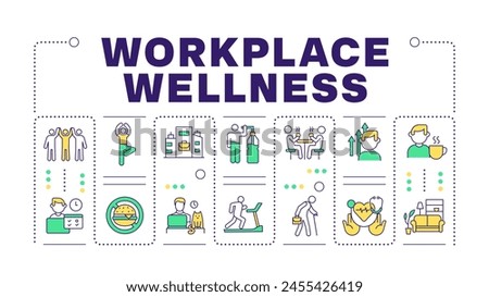 Workplace wellness blue word concept isolated on white. Health promotion activities, fitness. Creative illustration banner surrounded by editable line colorful icons. Hubot Sans font used