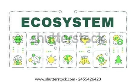 Ecosystem green word concept isolated on white. Biodiversity agriculture. Nature preservation. Creative illustration banner surrounded by editable line colorful icons. Hubot Sans font used