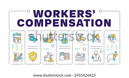 Workers compensation yellow word concept isolated on white. Business insurance, employees safeguard. Creative illustration banner surrounded by editable line colorful icons. Hubot Sans font used