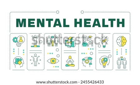 Mental health light purple word concept isolated on white. Social connections. Mindfulness meditation. Creative illustration banner surrounded by editable line colorful icons. Hubot Sans font used