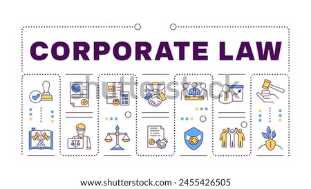 Corporate law turquoise word concept isolated on white. Litigation support. Business contract signing. Creative illustration banner surrounded by editable line colorful icons. Hubot Sans font used