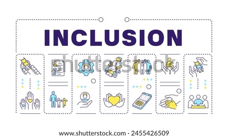Inclusion purple word concept isolated on white. Diversity business disability. Social justice. Creative illustration banner surrounded by editable line colorful icons. Hubot Sans font used