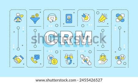 CRM turquoise word concept. Customer data. Social media engagement. Business intelligence. Typography banner. Vector illustration with title text, editable icons color. Hubot Sans font used