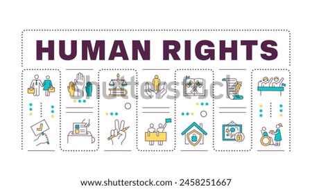Human rights word concept isolated on white. Social justice, federal government. Individuals equality. Creative illustration banner surrounded by editable line colorful icons. Hubot Sans font used