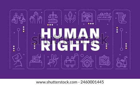 Human rights purple word concept. Social justice, federal government. Individuals equality. Horizontal vector image. Headline text surrounded by editable outline icons. Hubot Sans font used