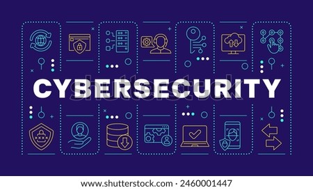 Cybersecurity dark blue word concept. Face recognition, data privacy. Cloud communication management. Horizontal vector image. Headline text surrounded by editable outline icons. Hubot Sans font used