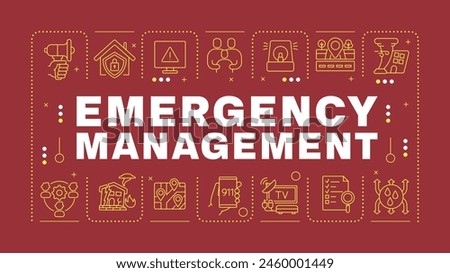 Emergency management dark red word concept. Fire detection systems. Home security, disaster. Horizontal vector image. Headline text surrounded by editable outline icons. Hubot Sans font used