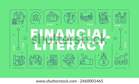 Financial literacy green word concept. Family saving, paying bills. Personal finance. Horizontal vector image. Headline text surrounded by editable outline icons. Hubot Sans font used