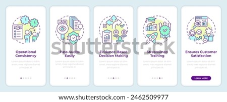 QMS benefits onboarding mobile app screen. Lean management. Walkthrough 5 steps editable graphic instructions with linear concepts. UI, UX, GUI template. Montserrat SemiBold, Regular fonts used