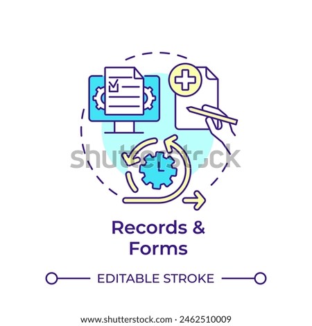 Records and forms multi color concept icon. Document control, records management. Round shape line illustration. Abstract idea. Graphic design. Easy to use in infographic, presentation