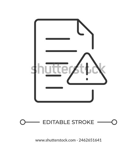 File error linear icon. Document and exclamation icon. Data corruption. Digital issue. Alert symbol. Data loss risk. Thin line illustration. Contour symbol. Vector outline drawing. Editable stroke