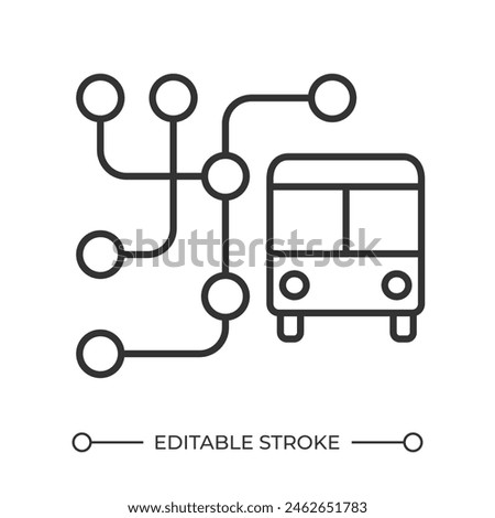 Bus route map linear icon. City bus network. Bus stations. City infrastructure. Urban transportation. Thin line illustration. Contour symbol. Vector outline drawing. Editable stroke