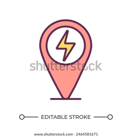 Charging station location RGB color icon. Electric vehicle charging. Lightning bolt and map maker. Electric car service. Isolated vector illustration. Simple filled line drawing. Editable stroke