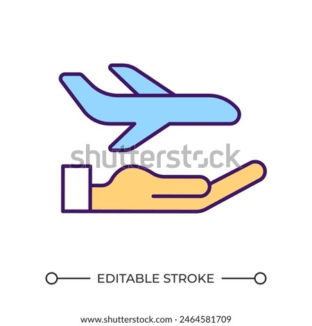 Travel insurance RGB color icon. Transportation service. Plane trip. Airline services. Hand holds airplane. Isolated vector illustration. Simple filled line drawing. Editable stroke