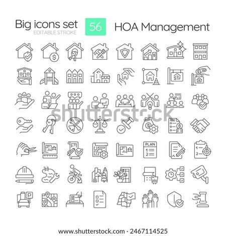 HOA management linear icons set. Association community, violation tracking. Administrative support. Customizable thin line symbols. Isolated vector outline illustrations. Editable stroke