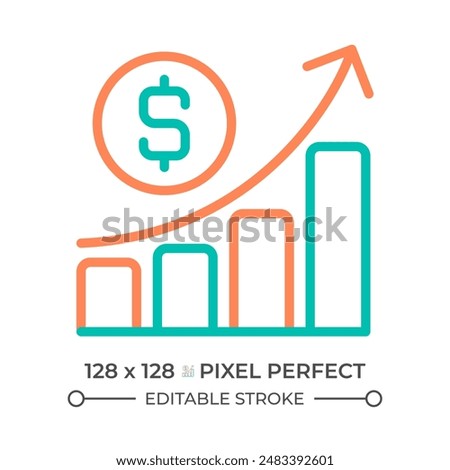 Business profit two color line icon. Bar charts and upward arrow bicolor outline symbol. Financial growth. Net profit. Duotone linear pictogram. Isolated illustration. Editable stroke