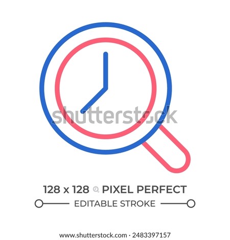 Magnifying glass with clock two color line icon. Time tracking. Dial inside loupe. Estimation bicolor outline symbol. Duotone linear pictogram. Isolated illustration. Editable stroke