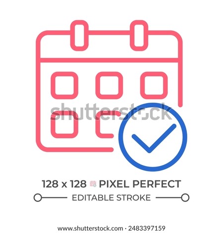 Calendar with check mark two color line icon. Organizer management. Confirm appointment date bicolor outline symbol. Duotone linear pictogram. Isolated illustration. Editable stroke