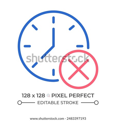 Clock with cross mark two color line icon. Digital watch with x sign. Canceling appointment. bicolor outline symbol. Duotone linear pictogram. Isolated illustration. Editable stroke