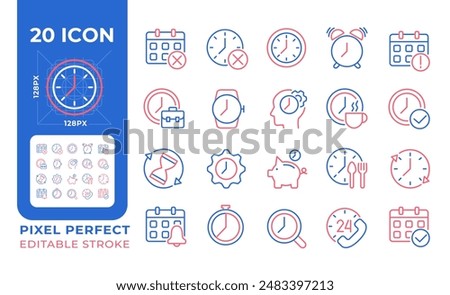 Time and clock two color line icons set. Working hours. Daily schedule. Time management. Calendar and clockface bicolor outline iconset isolated. Duotone pictograms thin linear. Editable stroke